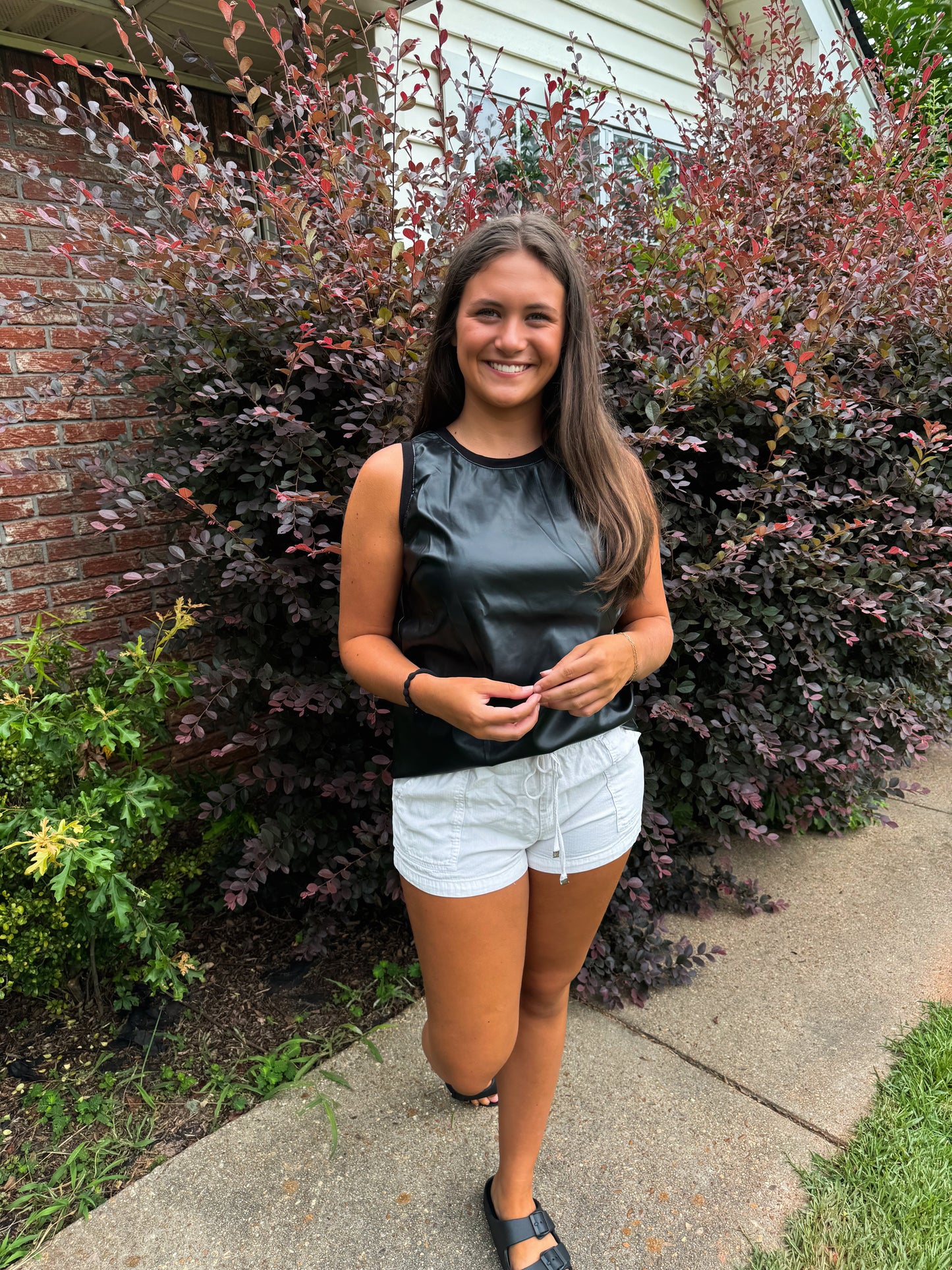 Faux Leather Crewneck Top