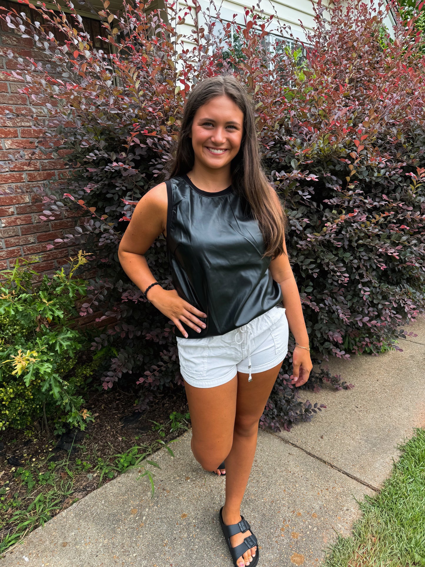 Faux Leather Crewneck Top