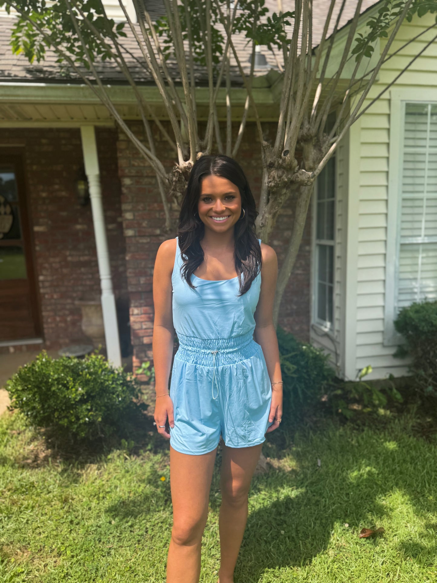 Solid Sleeveless Drawstring Waist Romper
