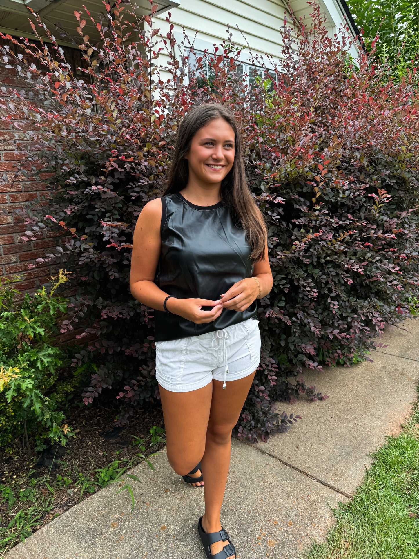 Faux Leather Crewneck Top