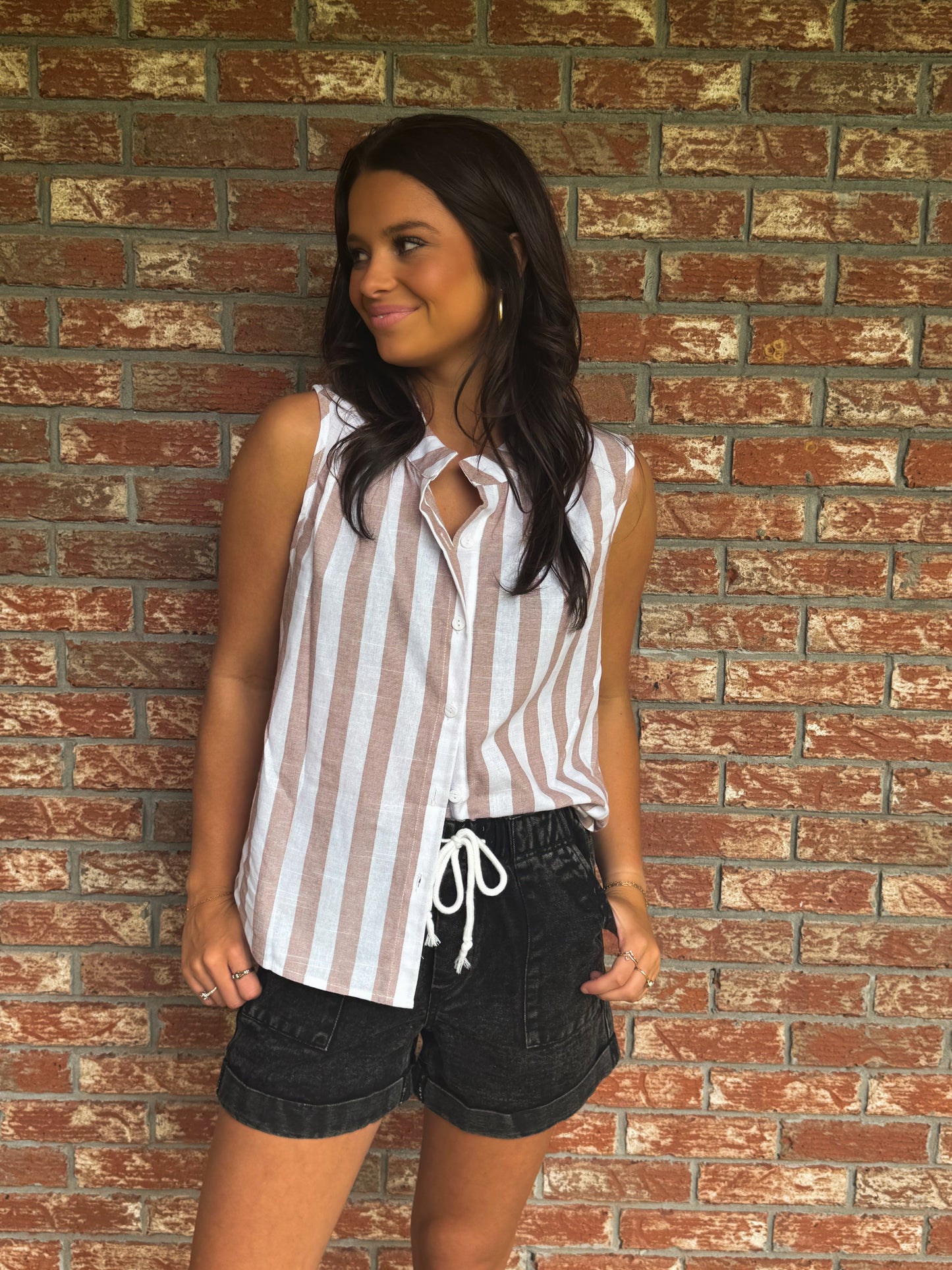 Stripe Casual Button Down Sleeveless Shirt